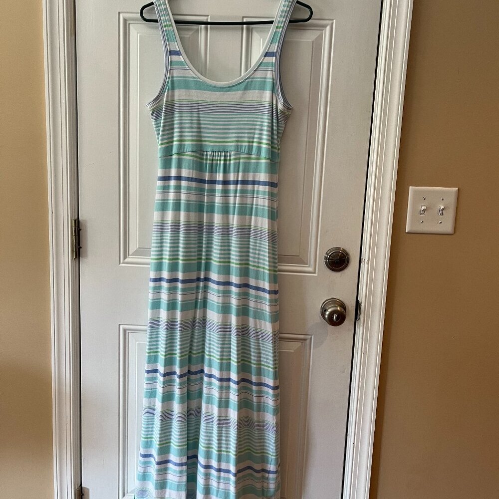 Columbia Womens PFG Maxi Dress Size M Omni Wick Striped Stretch Jersey Knit Blue